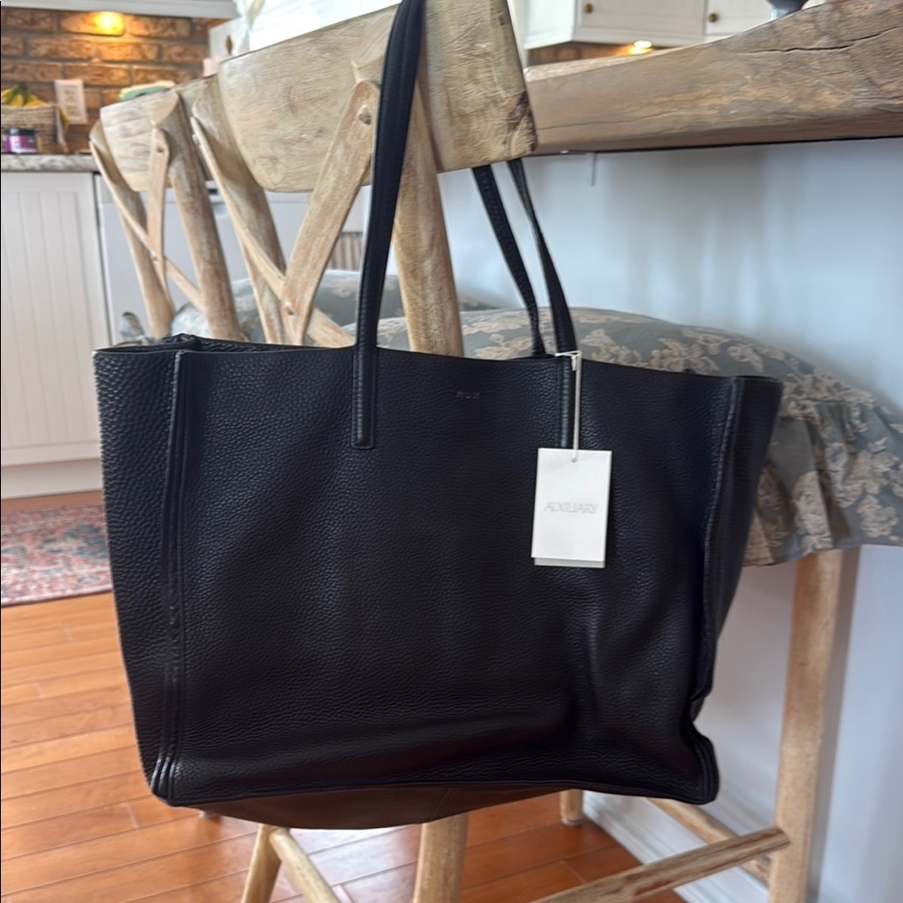 Auxiliary Black Leather Tote Bag